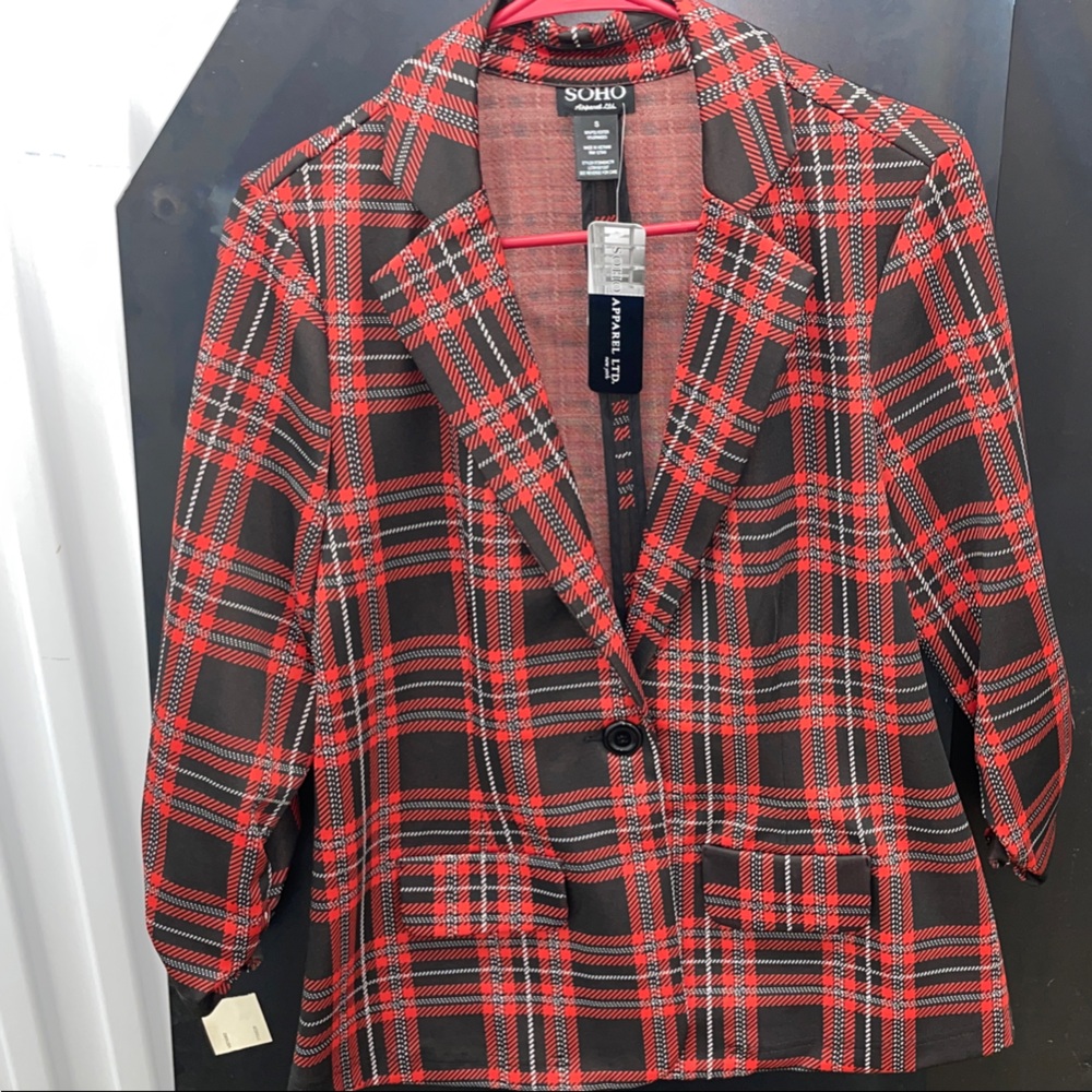 Soho Apparel Red and Black Plaid Blazer